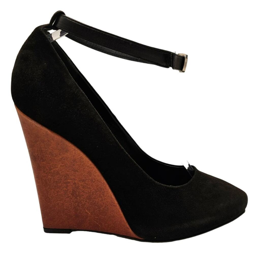 Black Suede Wedge Pumps with Brown Wedge and Ankle Strap